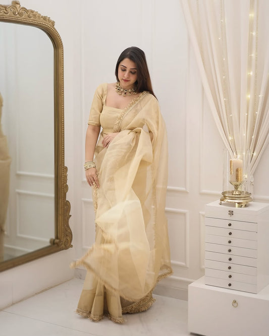 Golden Aura Organza Ready-to-Wear Saree with Unstitched Blouse
