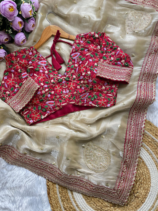 Ivory Gold Designer Saree with Heavy Embroidered Red Blouse