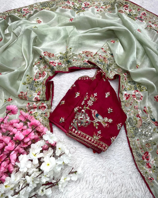 Luxury Mint Green Organza Saree with Ruby Pink Hand-Embroidered Designer Blouse