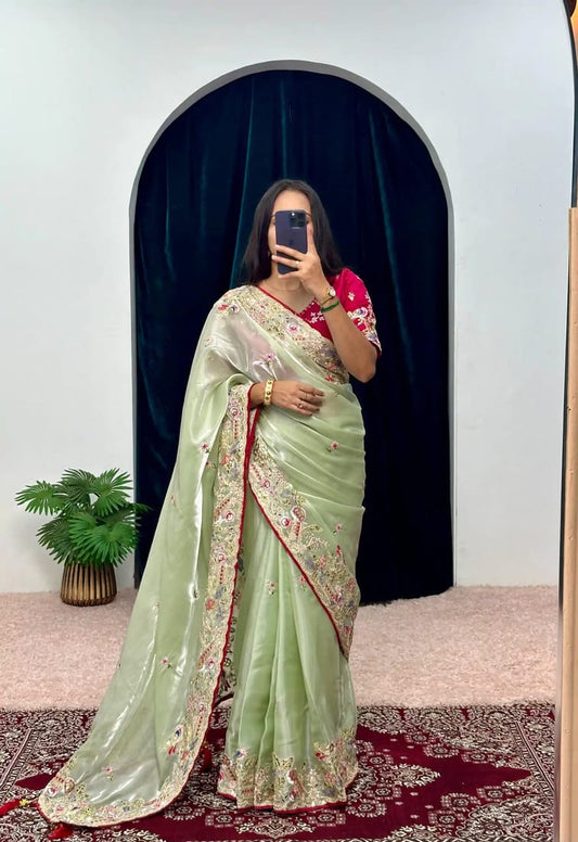 Luxury Mint Green Organza Saree with Ruby Pink Hand-Embroidered Designer Blouse