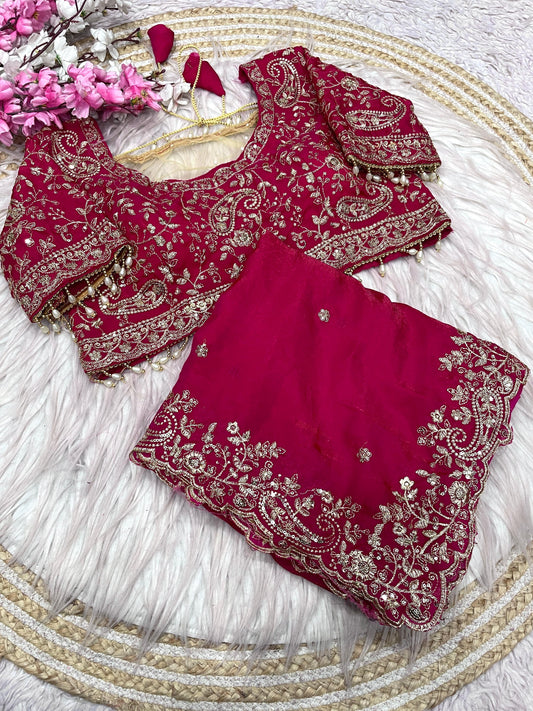 Luxury Rani Pink Organza Saree with Heavy Zari Embroidered Designer Blouse