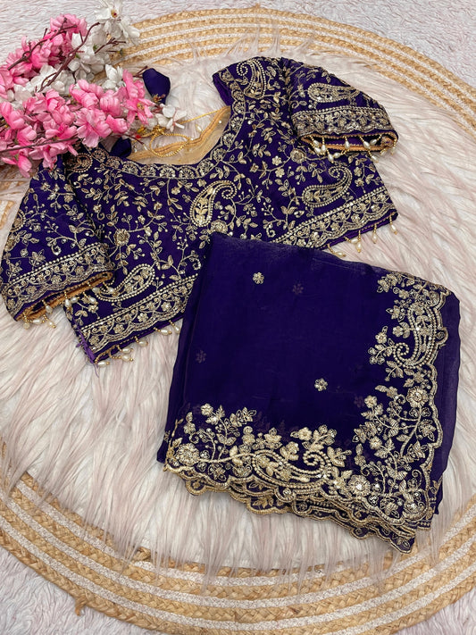 Luxury Royal Magenta Organza Saree with Heavy Zari Embroidered Designer Blouse