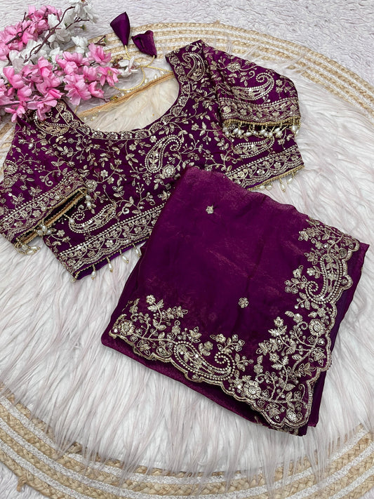 Luxury Royal Purple Organza Saree with Heavy Zari Embroidered Designer Blouse