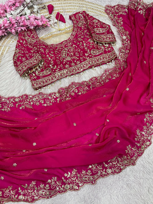 Luxury Rani Pink Organza Saree with Heavy Zari Embroidered Designer Blouse