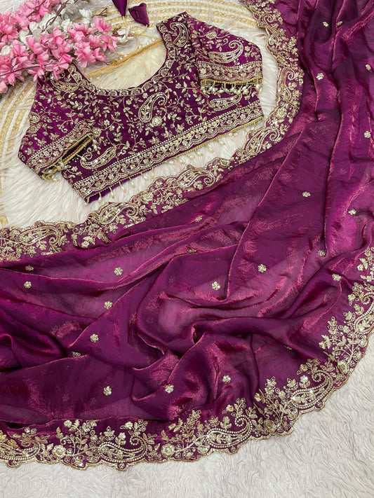 Luxury Royal Purple Organza Saree with Heavy Zari Embroidered Designer Blouse