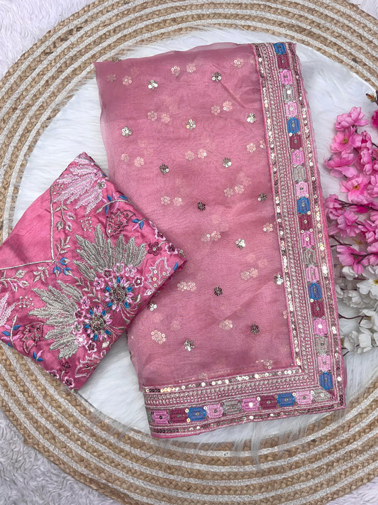 Luxury Blush Pink Organza Saree with Floral Embroidered Designer Blouse