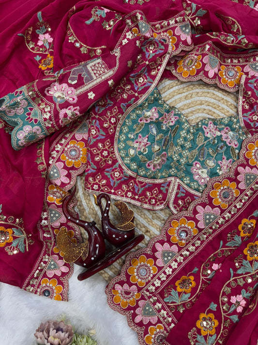 Heritage Rani Pink Embroidered Designer Saree with Art Silk Blouse