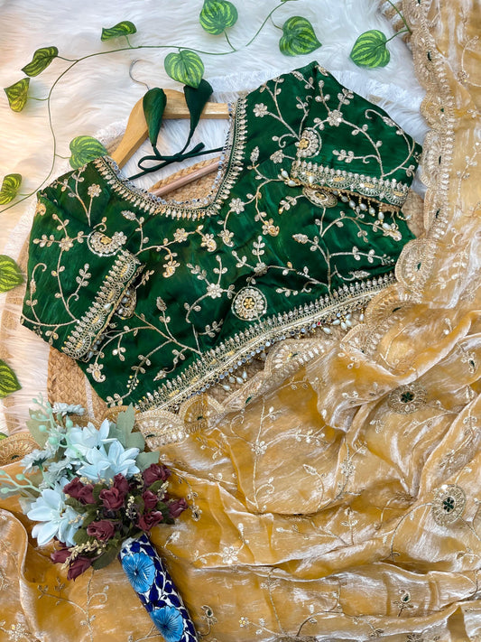 Emerald Green Velvet Blouse & Golden Beige Organza Saree