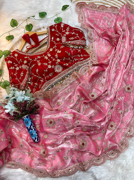 Ruby Red Embroidered Organza Saree with Designer Velvet Blouse