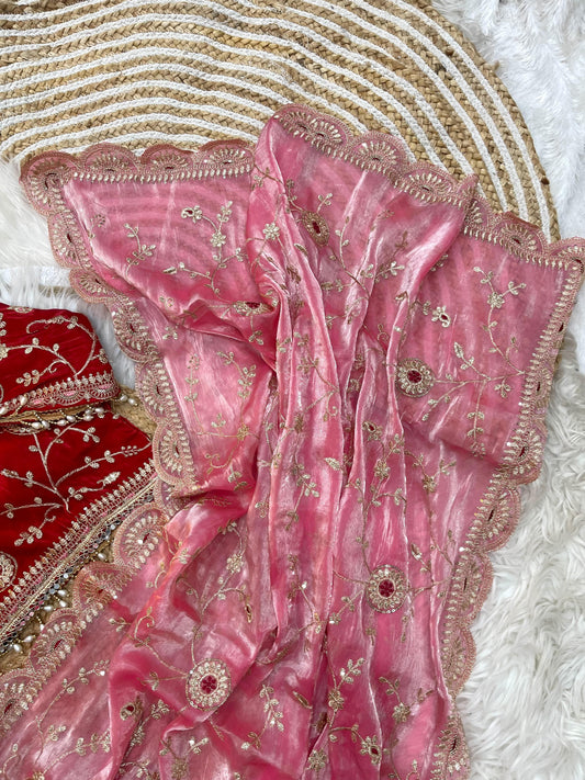 Ruby Red Embroidered Organza Saree with Designer Velvet Blouse