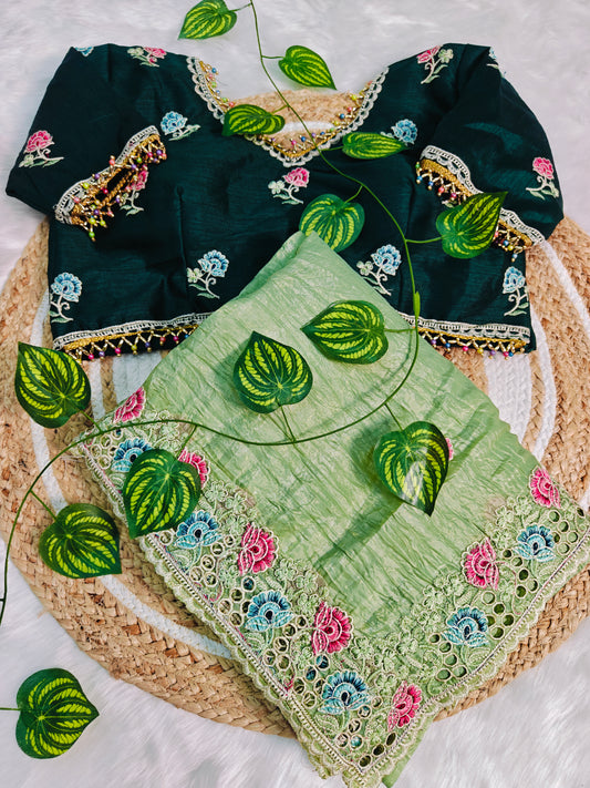 Luxury Pistachio Green Organza Saree with Multicolor Floral Embroidered Designer Blouse