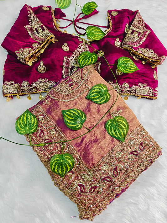 Luxury Rose Gold Designer Silk Saree with Royal Magenta Embroidered Blouse