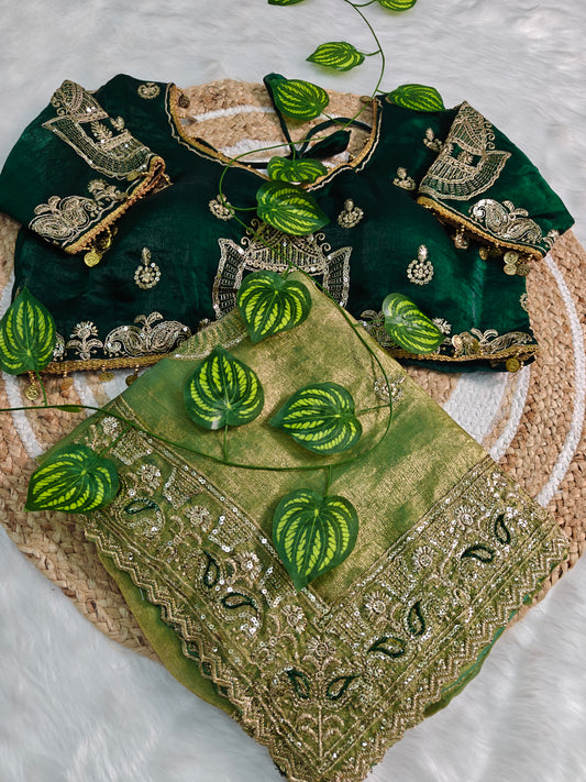 Luxury Olive Gold Designer Silk Saree with Emerald Green Royal Embroidered Blouse