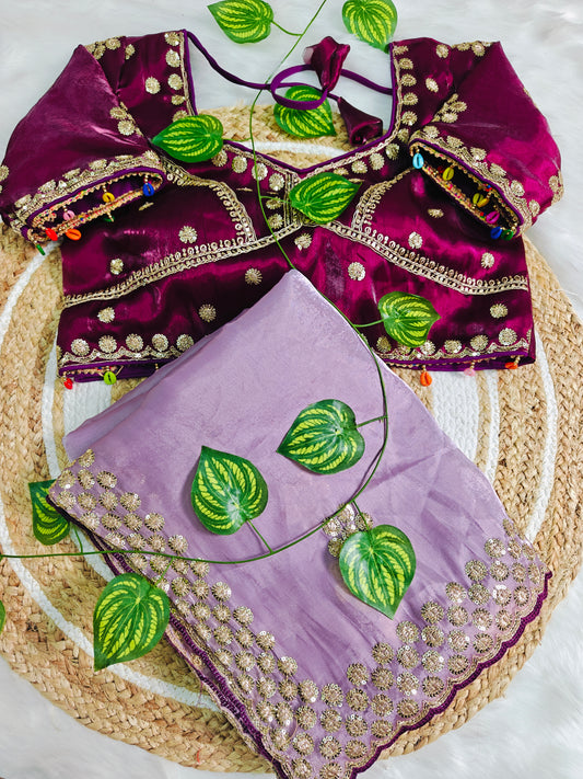 Luxury Lavender Organza Saree with Magenta Designer Blouse & Floral Zari Embroidery
