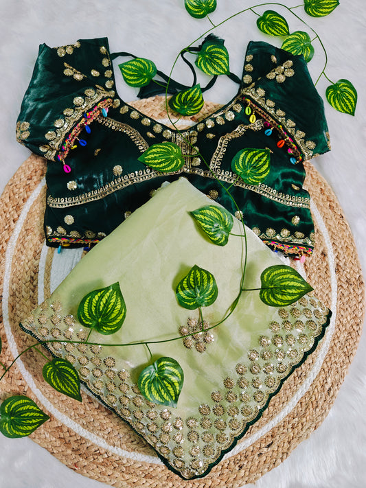Luxury Pistachio Green Organza Saree with Emerald Designer Blouse & Floral Zari Embroidery