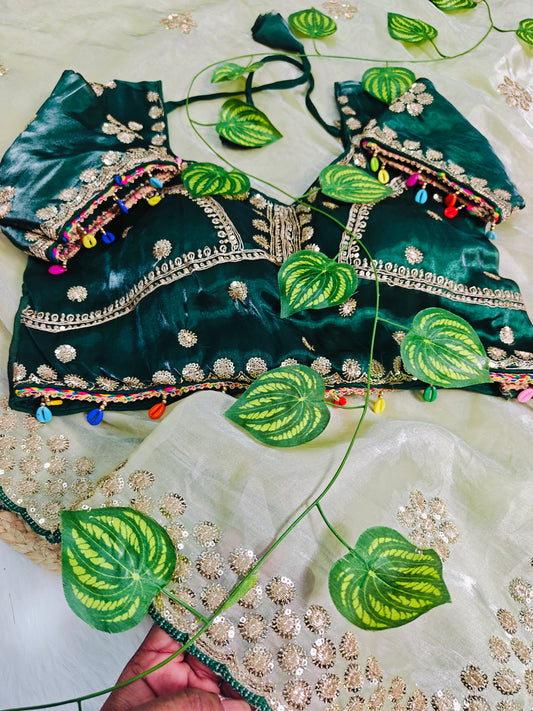 Luxury Pistachio Green Organza Saree with Emerald Designer Blouse & Floral Zari Embroidery