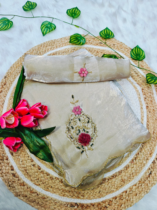 Luxury Ivory Tissue Silk Saree with Handcrafted Floral Pearl Embellishment
