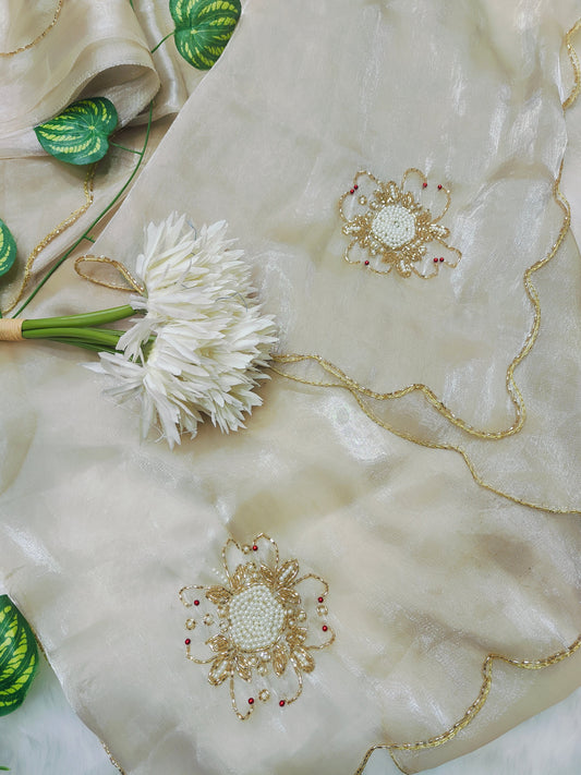 Luxury Pearl Ivory Tissue Silk Saree with Handcrafted Floral Pearl Embellishment
