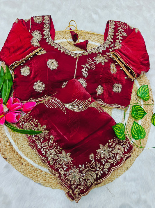 Luxury Ruby Red Designer Silk Saree with Heavy Floral Embroidered Blouse