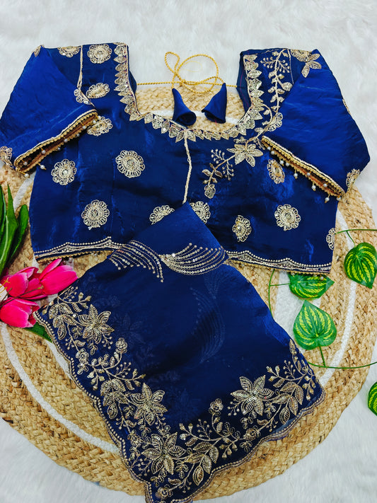 Luxury Royal Blue Designer Silk Saree with Heavy Floral Embroidered Blouse