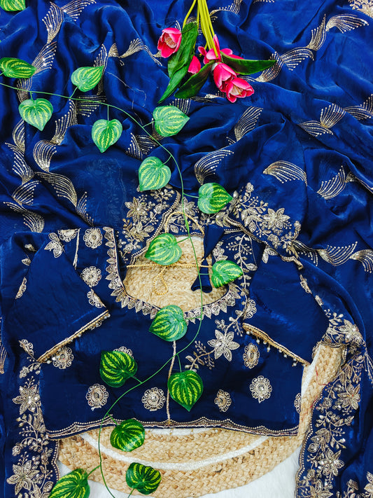 Luxury Royal Blue Designer Silk Saree with Heavy Floral Embroidered Blouse