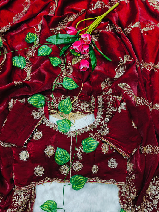Luxury Ruby Red Designer Silk Saree with Heavy Floral Embroidered Blouse
