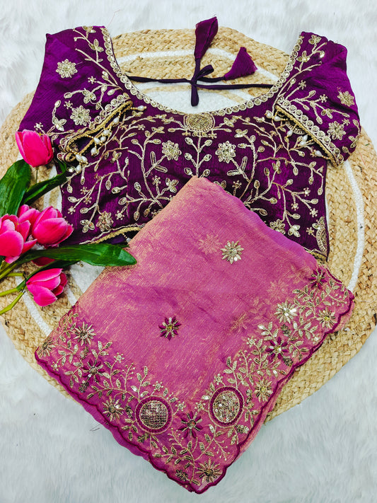 Luxury Pink Tissue Silk Saree with Royal Purple Heavy Embroidered Designer Blouse