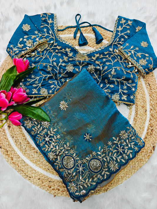 Luxury Peacock Blue Tissue Silk Saree with Heavy Floral Embroidered Designer Blouse
