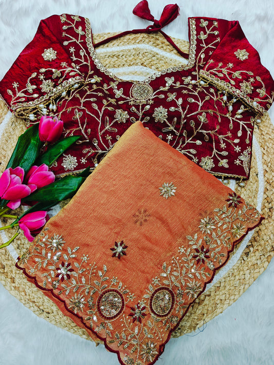Luxury Peach Orange Tissue Silk Saree with Heavy Wine Embroidered Designer Blouse