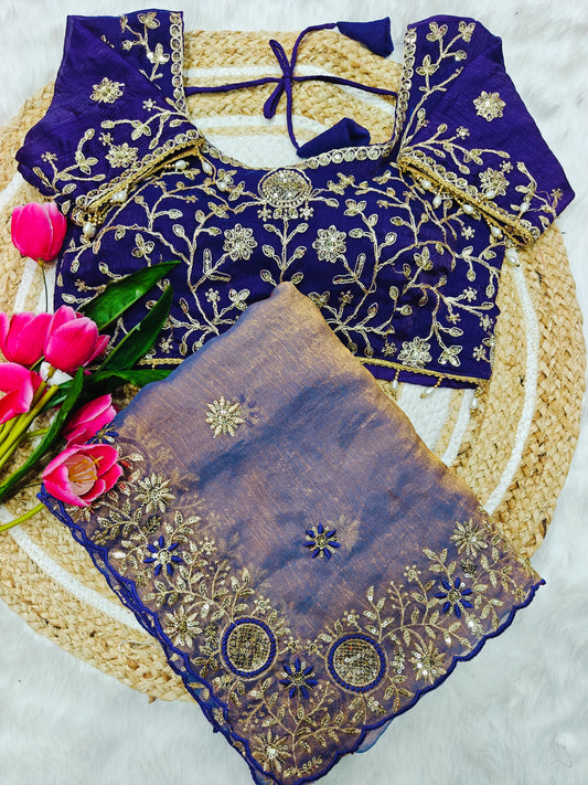 Luxury Lavender Tissue Silk Saree with Royal Violet Heavy Embroidered Designer Blouse