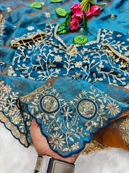 Luxury Peacock Blue Tissue Silk Saree with Heavy Floral Embroidered Designer Blouse