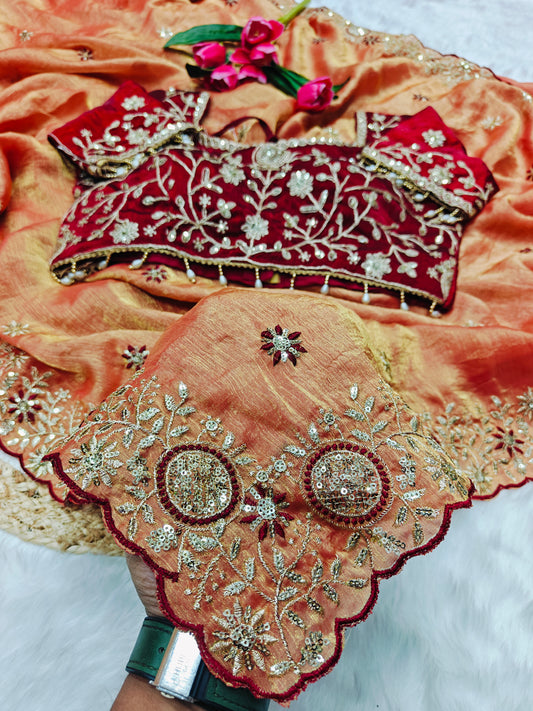 Luxury Peach Orange Tissue Silk Saree with Heavy Wine Embroidered Designer Blouse