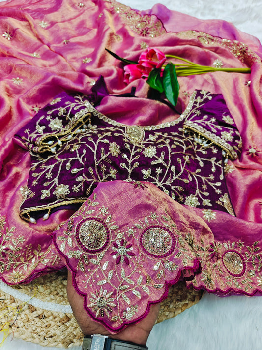 Luxury Pink Tissue Silk Saree with Royal Purple Heavy Embroidered Designer Blouse