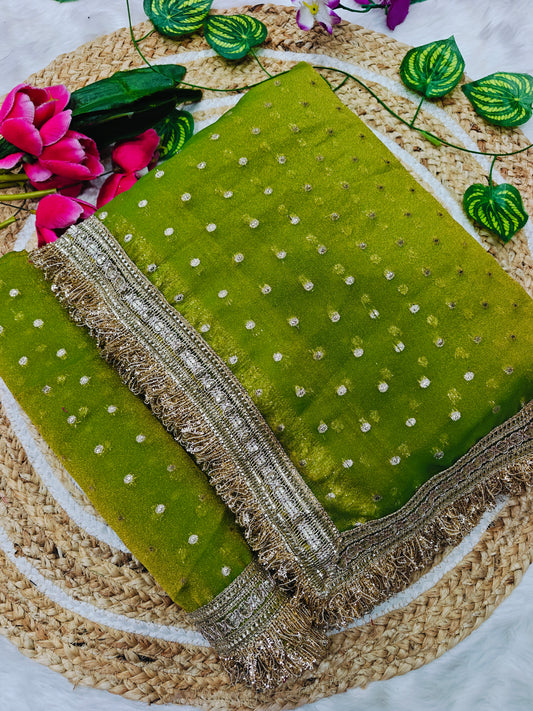Luxury Olive Green Shimmer Georgette Saree with Silver Bandhani Dots & Designer Tassel Border