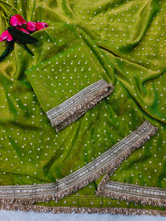 Luxury Olive Green Shimmer Georgette Saree with Silver Bandhani Dots & Designer Tassel Border
