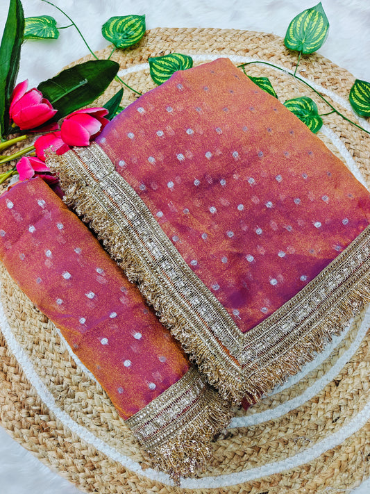 Luxury Rose Pink Shimmer Georgette Saree with Silver Bandhani Dots & Designer Tassel Border