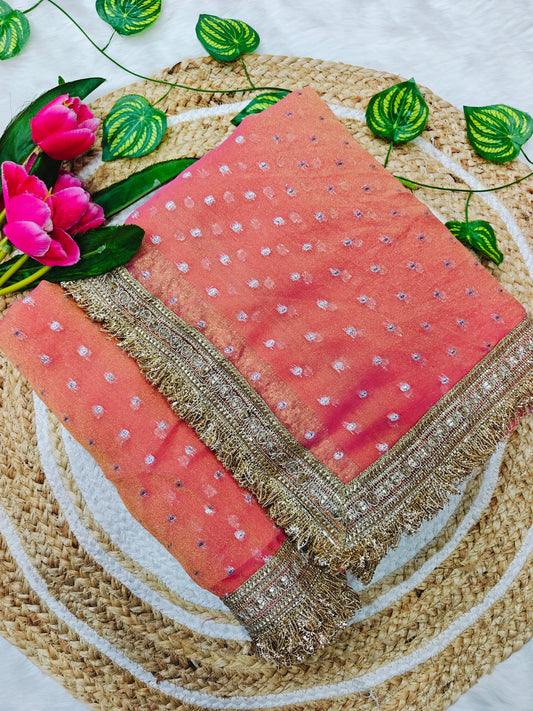 Luxury Peach Pink Georgette Saree with Silver Bandhani Dots & Designer Tassel Border