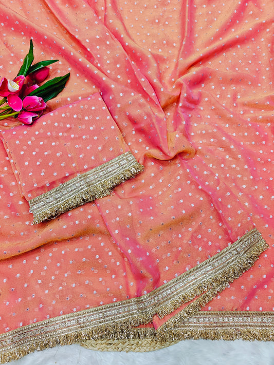 Luxury Peach Pink Georgette Saree with Silver Bandhani Dots & Designer Tassel Border