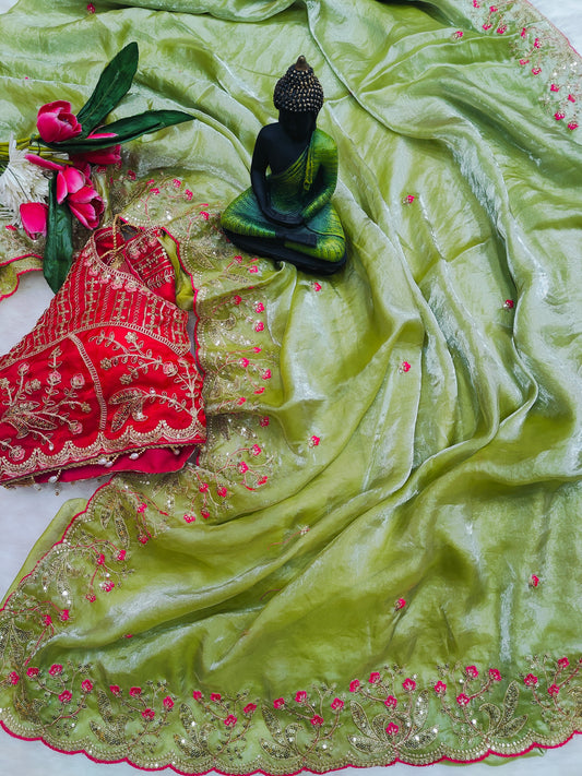 Hot Pink Embroidered Designer Blouse with Pistachio Green Organza Saree