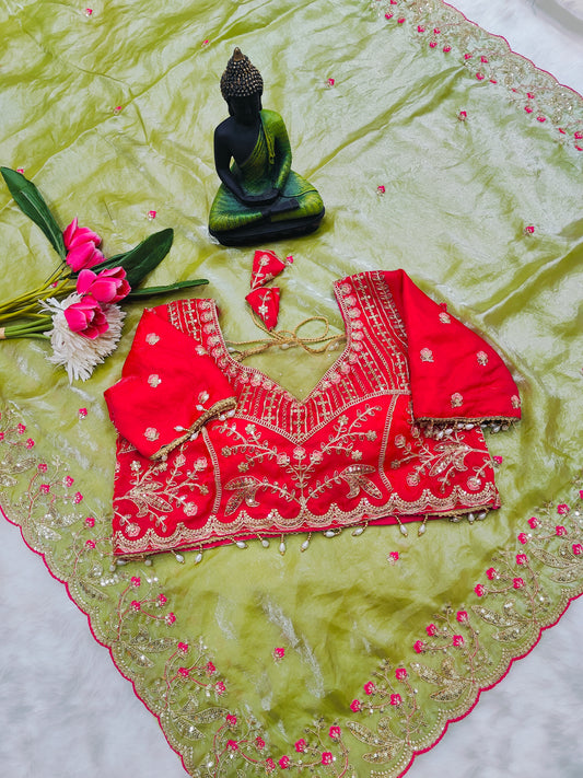 Hot Pink Embroidered Designer Blouse with Pistachio Green Organza Saree