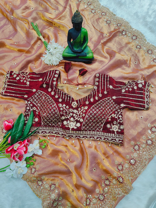 Wine Berry Embroidered Designer Blouse with Peach Organza Saree