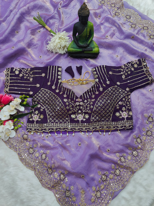 Royal Violet Embroidered Designer Blouse with Lavender Organza Saree