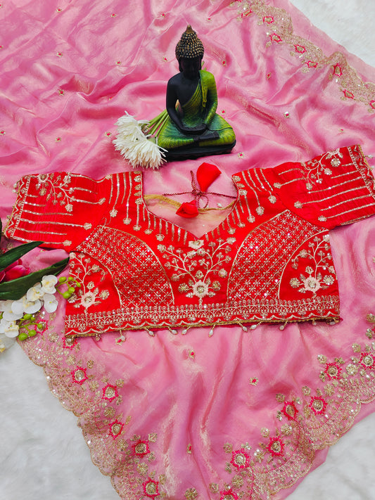 Scarlet Red Embroidered Designer Blouse with Blush Pink Organza Saree