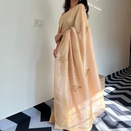 Champagne Gold Leaf Embroidered Saree with Stitched Designer Blouse