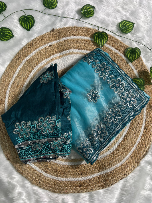 Aqua Mist Organza Saree with Teal Blue Floral Embroidered Blouse