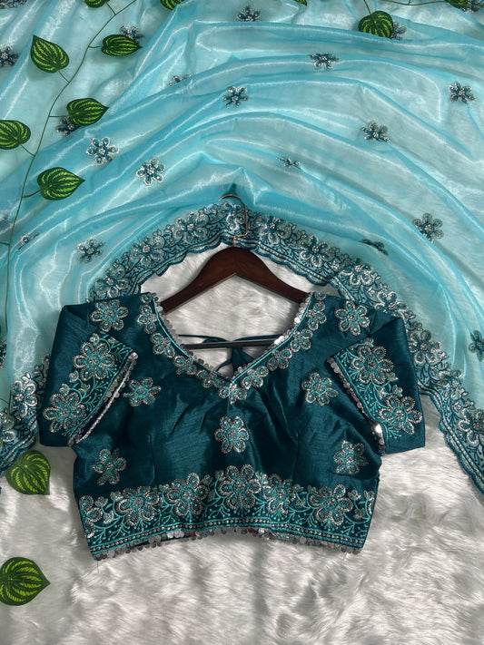 Aqua Mist Organza Saree with Teal Blue Floral Embroidered Blouse