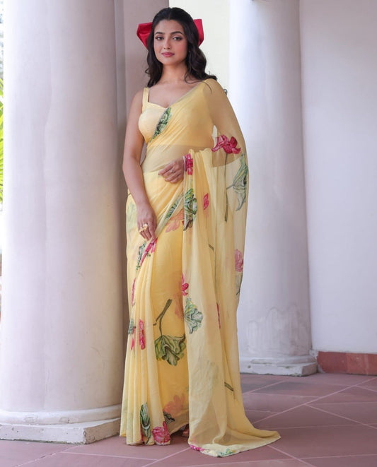 Luxury Sunshine Lotus Organza Saree with Ready-to-Wear Stitched Designer Blouse