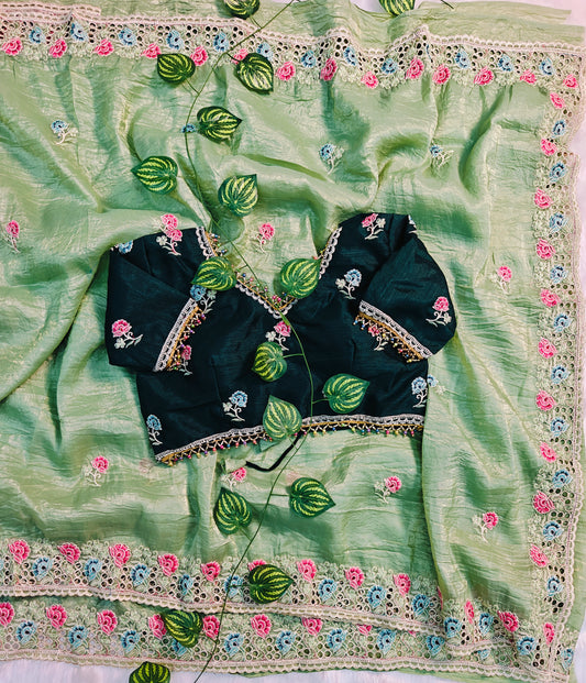 Luxury Pistachio Green Organza Saree with Multicolor Floral Embroidered Designer Blouse