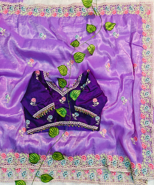 Luxury Lavender Organza Saree with Multicolor Floral Embroidered Designer Blouse