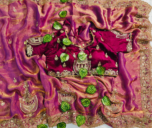 Luxury Rose Gold Designer Silk Saree with Royal Magenta Embroidered Blouse